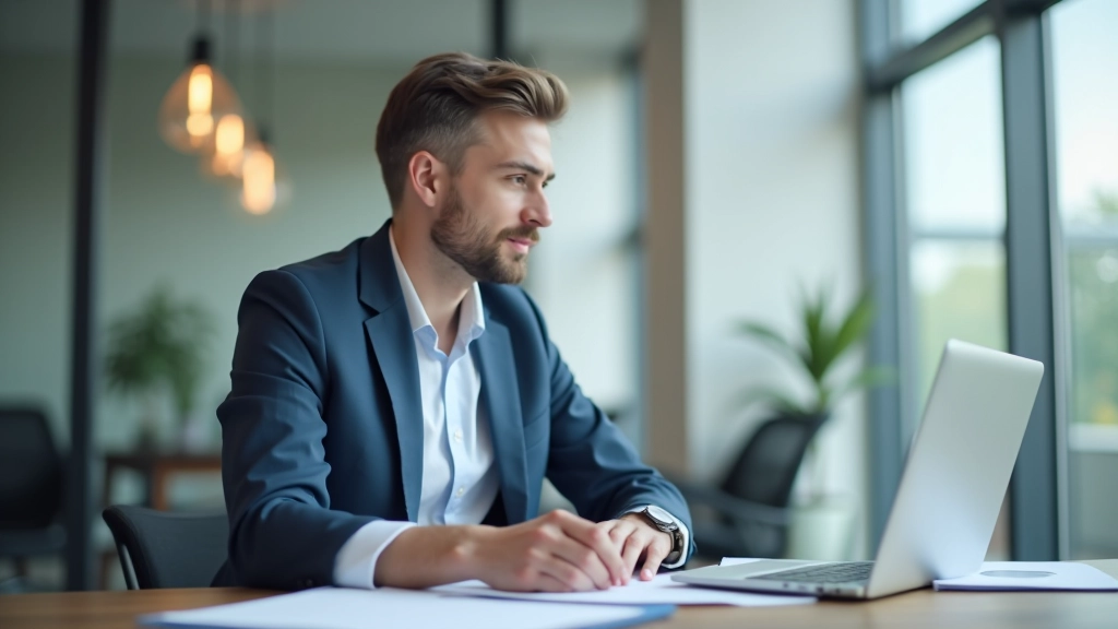 Professional accountant working at modern office desk with laptop and financial documents