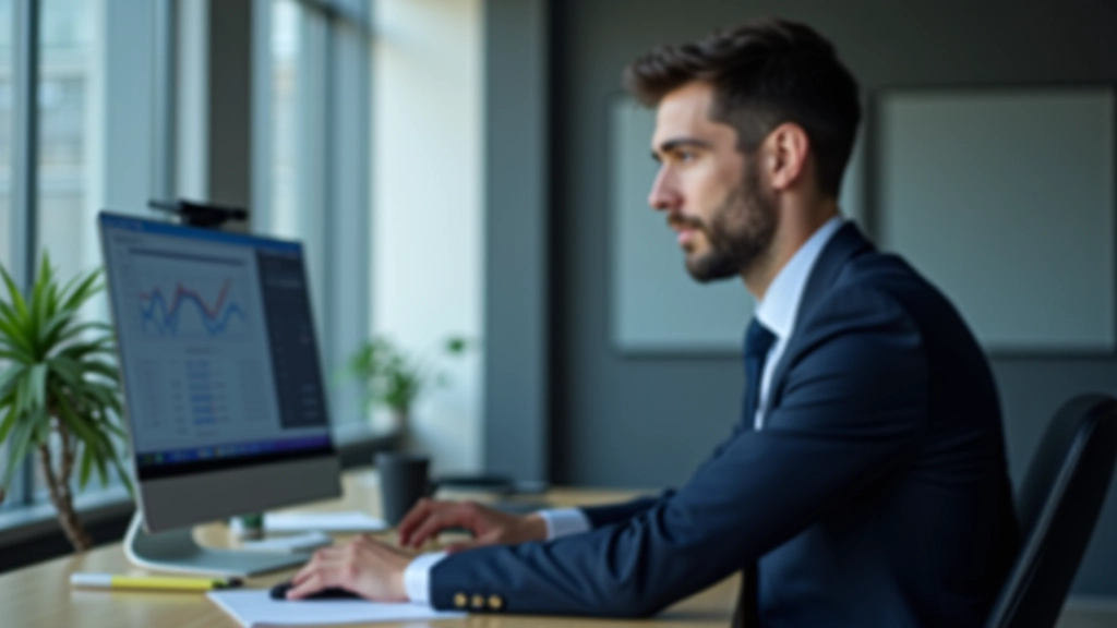 CPA professional reviewing financial statements and data analysis on computer screen in corporate office