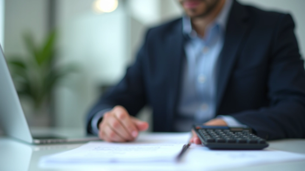 Professional accountant reviewing financial documents and reports at modern office desk with calculator and laptop