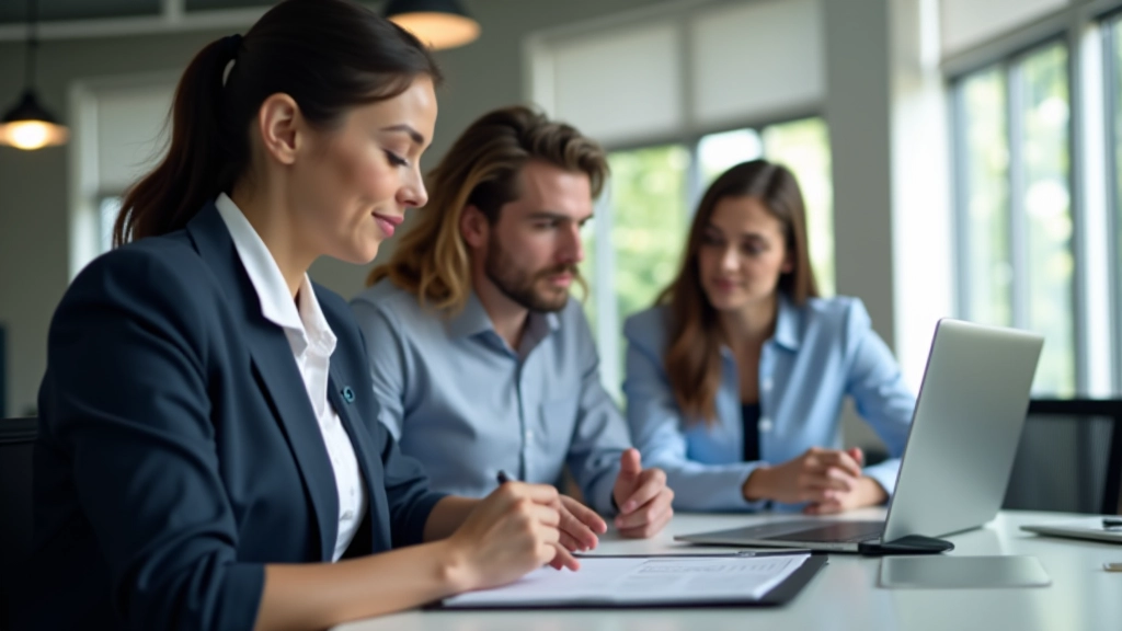 Group of accounting professionals collaborating in modern workplace with laptops and financial reports