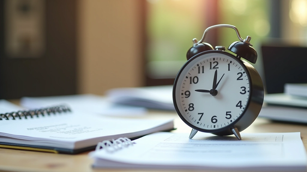 Clock and exam preparation materials showing time allocation strategy