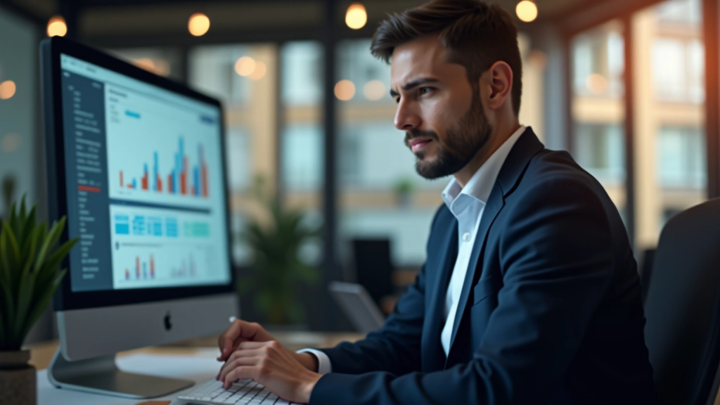 Financial professional analyzing growth charts and business metrics on multiple monitors