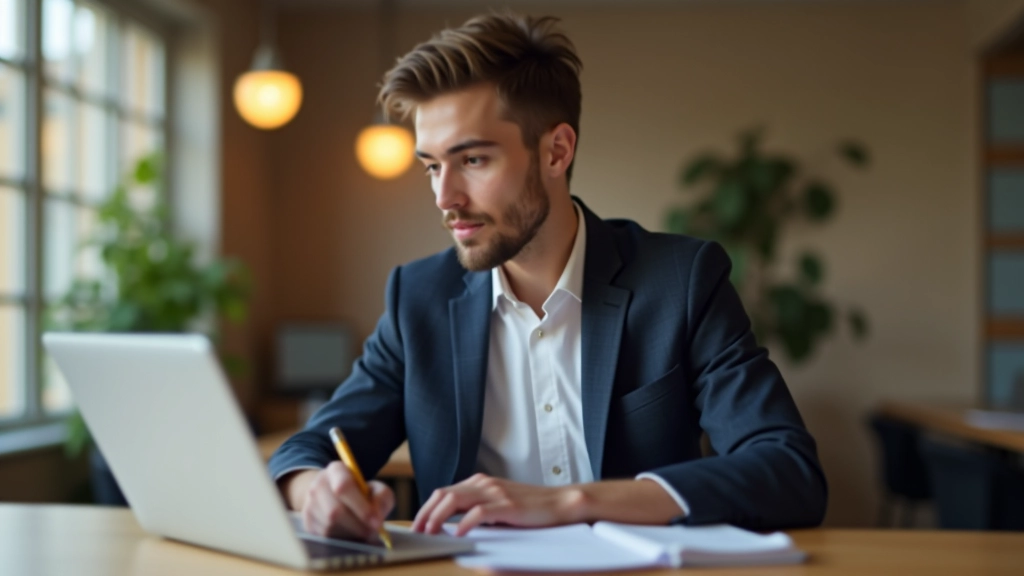 Student studying with laptop and notes, coffee cup on desk in home office setup