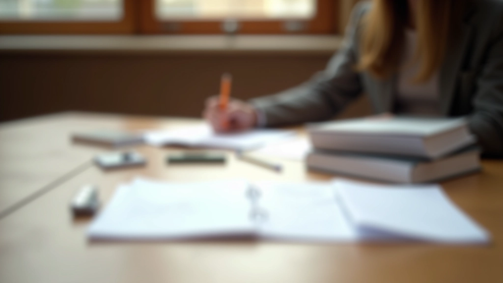 Close-up of exam preparation materials including case study documents and study notes