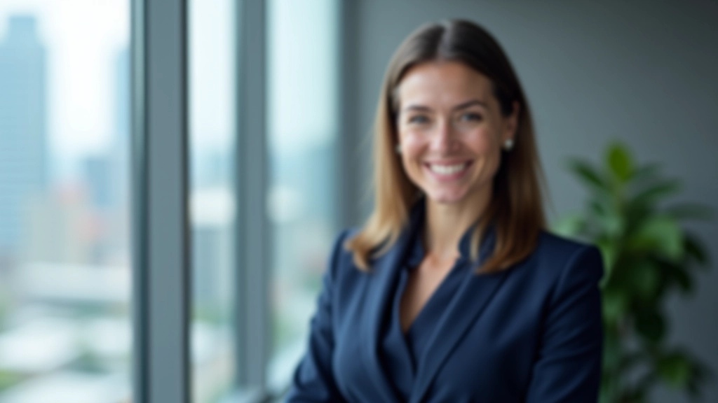 Professional woman in blazer smiling confidently at office window overlooking city
